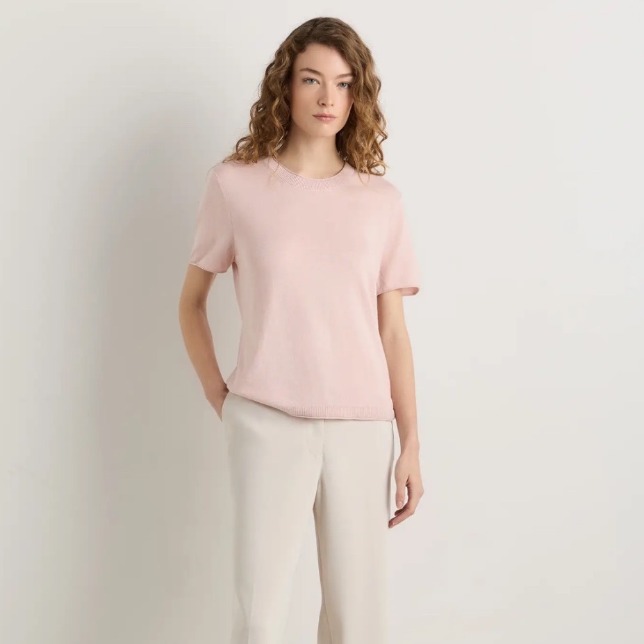 Quince Organic Cotton Cashmere Blend Short Sleeve Crewneck Sweater Pink Large